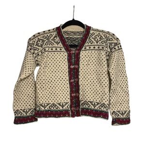 Vintage Handmade Nordic Fair Isle Knit Cream Cardigan Sweater 6 Scandi Hygge 90s
